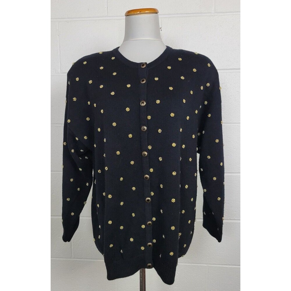 Vintage Marisa Christina Black Gold Beaded Cardigan Sweater 1X‎